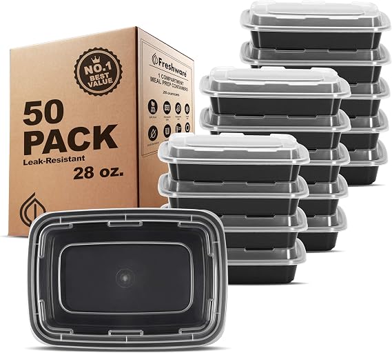 Freshware YH-1X5028D Meal Prep Containers, Polypropylene, 1-Compartment, 50-Pack