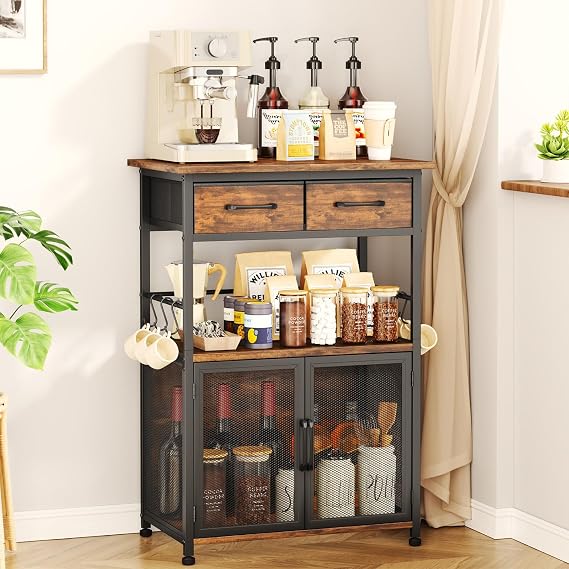 SWTYMIKI Coffee Bar Cabinet with Drawer - Coffee Stand Station with Removable Hooks, Buffet Cabinet for Coffee Maker or Microwave, Kitchen Bar Table Storage Organizer (Espresso, 20.47"x13.78"x31.3")
