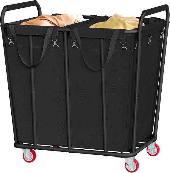 Hoctieon 2 Section Laundry Sorter Cart, 400L Rolling Hamper with Wheels, Industrial Laundry Basket Organizer, Extra Large Dirty Clothes Hamper for Home & Hotel, Heavy Duty, Black