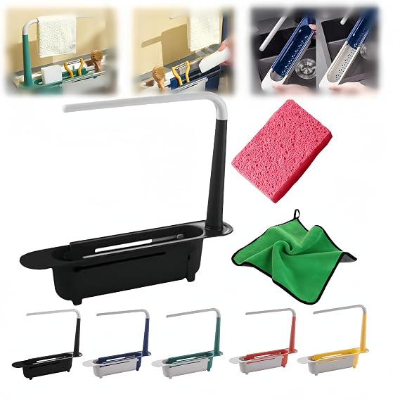Updated Telescopic Sink Storage Rack, Adjustable Length Sink Rack Holder for Home Kitchen, Telescopic 2-in-1 Sink Storage Rack Holder (Black)