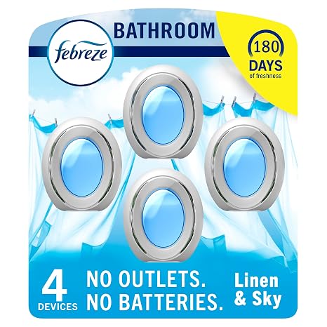 Febreze Bathroom Air Freshener Odor-Fighting for Small Spaces Scented Plug In Alternative Long-Lasting for Home and Bathroom and Kitchen Closet Air Fresheners, Linen & Sky Scent, 4 Count
