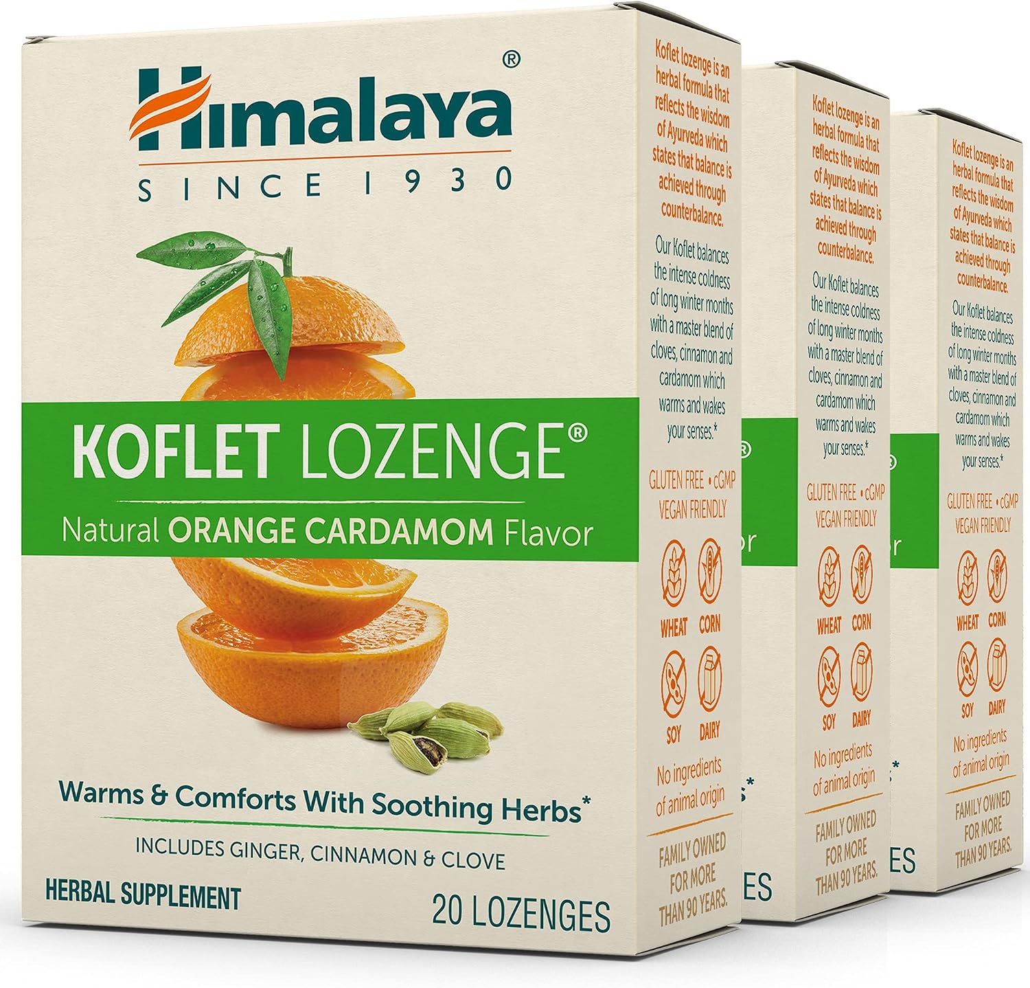 Himalaya Koflet Lozenges, Orange Cardamom Flavor, Natural Herbal Cough Drop for Warming Relief and Soothing Throat Comfort, 130 mg, 20 Lozenges, 3 Pack