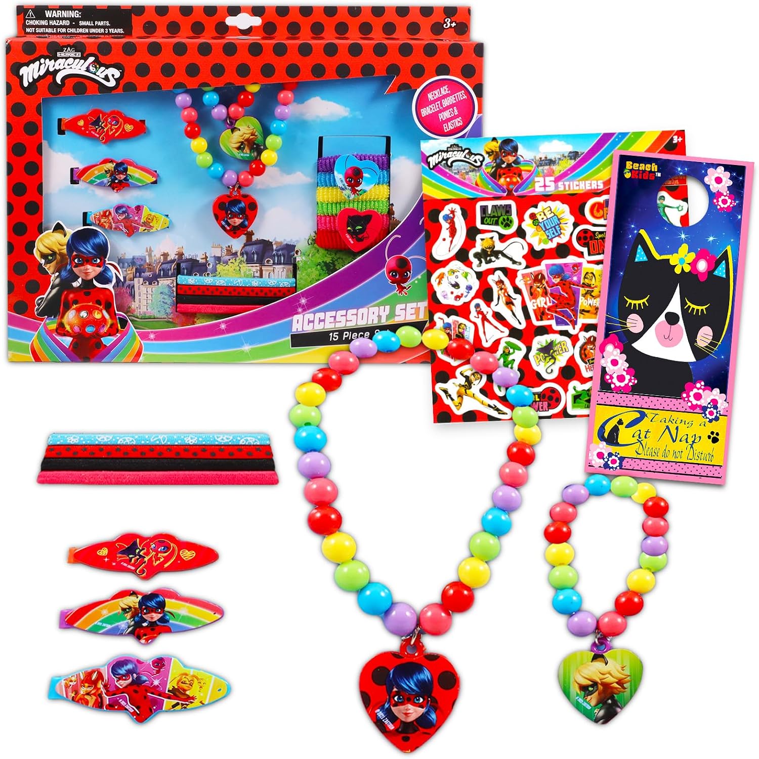 Miraculous Ladybug Dress Up Accessories Set - Bundle with 15 Pieces Including Necklaces, Bracelets, Stickers and Door Hanger Toddler Accessories for Girls