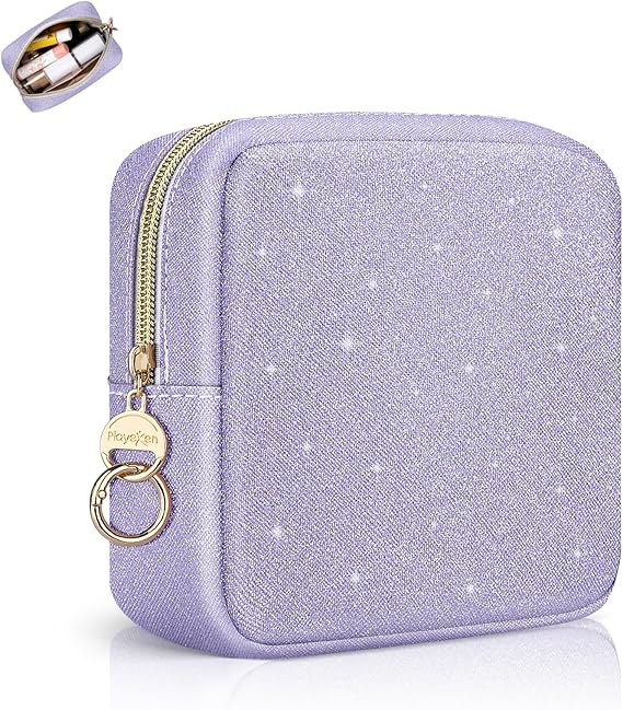 5.7" Small Makeup Bag, Glitter Cosmetics Bag for Purse, Portable Small Travel Makeup Pouch with Ring Buckle (Purple)
