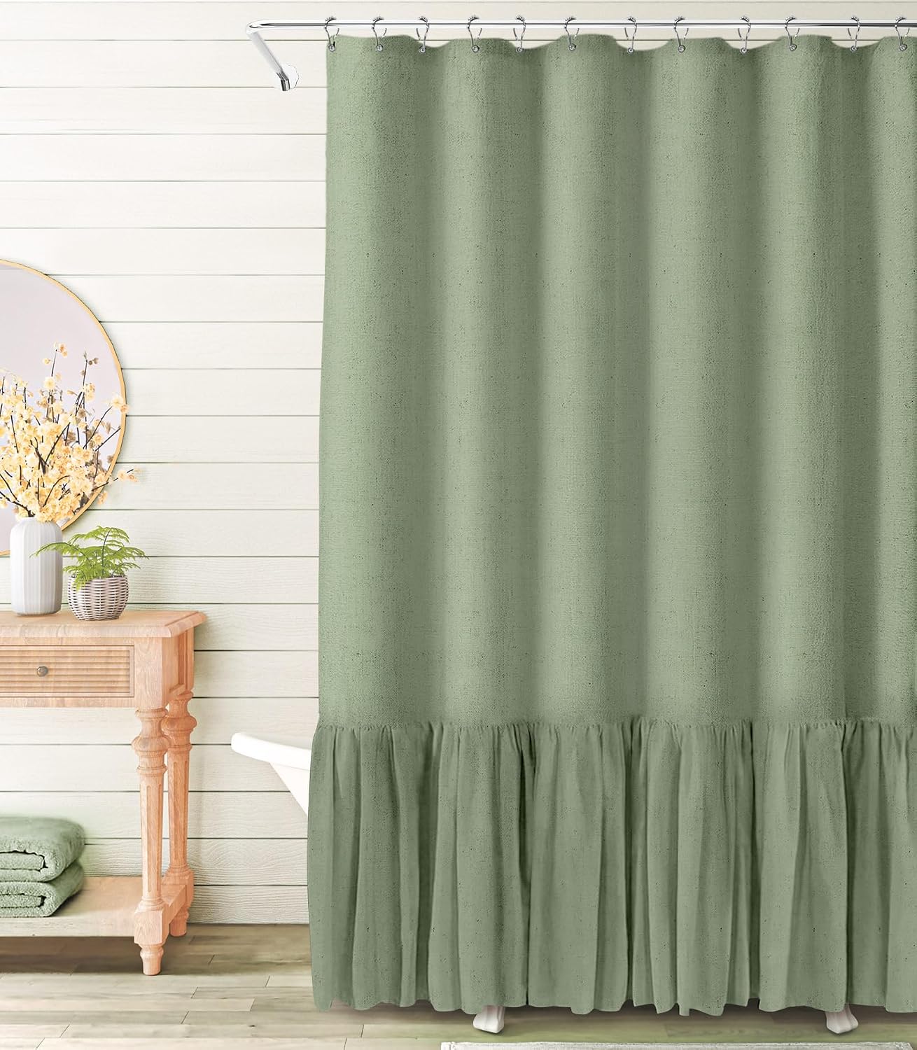 Awellife Farmhouse Shower Curtain Ruffle Linen Textured Boho Shower Curtain for Bathroom, Sage Green 72 W x 72 L