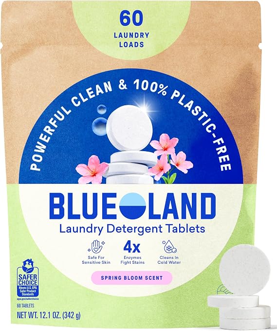 BLUELAND 100% Plastic-Free Laundry Detergent Tablets, 60ct, Spring Bloom