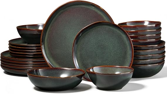Onader 24 Piece Reactive Glaze Dinner Set for 6 People, Moss Green