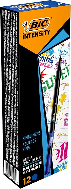 BIC Intensity Fine Liner Thin End Blue Felt Pen 12 Box, 0.4mm Thin Thickness Tip, Water Based Ink