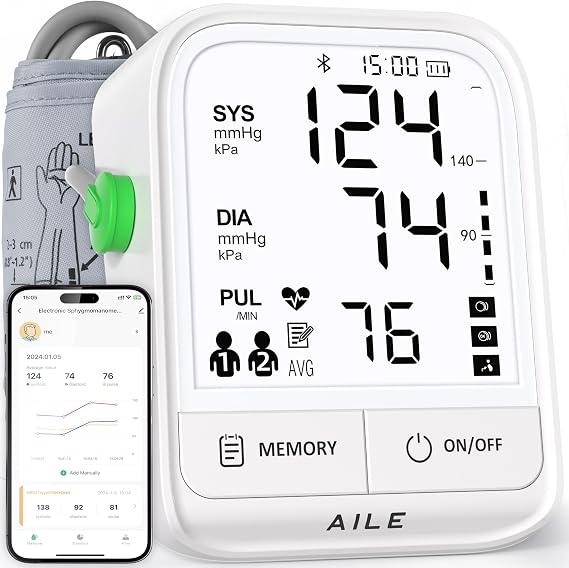 Upper Arm Blood Pressure Monitor: Aile Blood Pressure Machine for Home Use - Large Backlit Display and Voice Broadcast - Comfortable Blood Pressure Cuff - Compatible for iOS and Android Devices