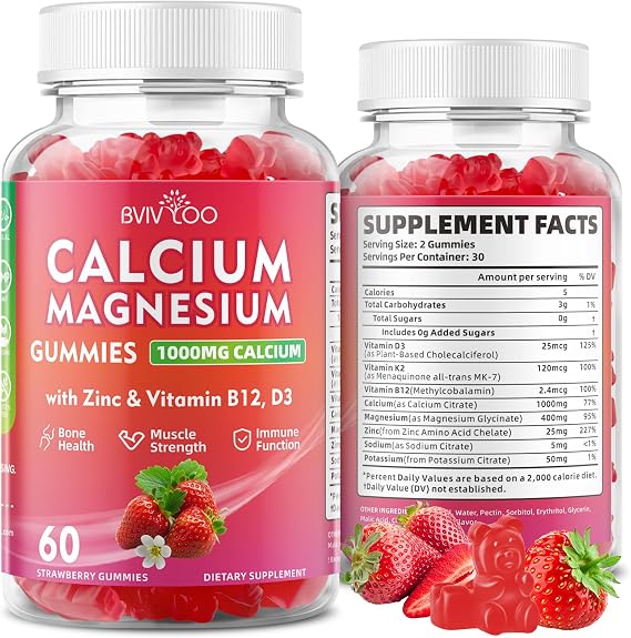 Calcium Gummies 1000mg with Vitamin D3 K2 & B Complex, Potassium, Calcium Magnesium Zinc Gummies for Bone, Muscle, Mood and Immunity - Vegan, Strawberry Flavor 120 Count