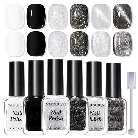 Cat Eye Nail Polish Set, 6 Colors Sparkle Black White Silver Gray Glitter Shimmer Nail Polish Kit with Magnet, Quick Air Dry Non Gel, Nail Art DIY Home Travel Manicure Gift for Women Girls