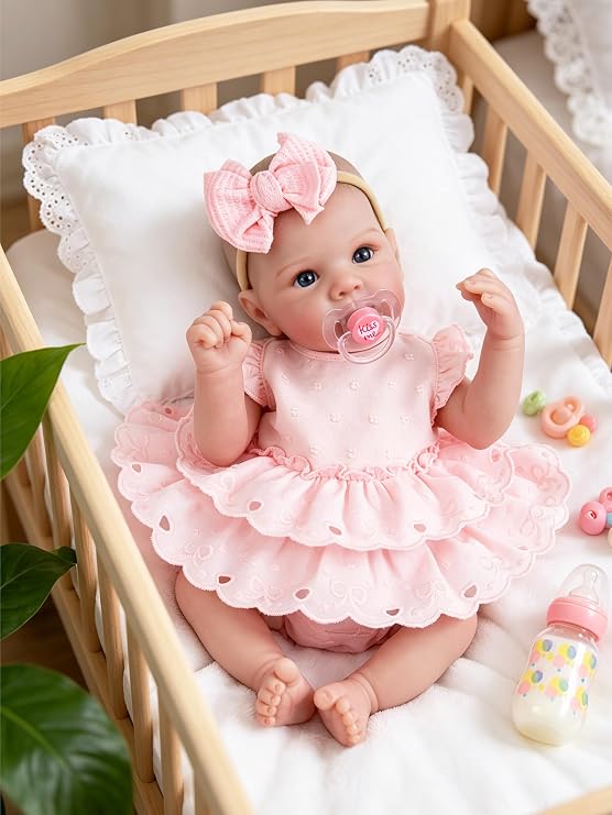 EKOKIZ Lifelike Reborn Baby Doll 20 Inch, Realistic Newborn Girl with Pink Dress & Soft Silicone Vinyl, Handmade Collectible Doll for Kids Gift, Anxiety Relief, Dementia Therapy & Emotional Support