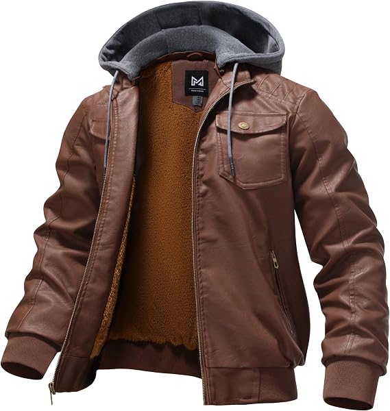 KVE Men Vintage Faux Leather Motorcycle Bomber Jacket Hooded Waterproof Windproof PU Biker Coat Casual Riding Outerwear