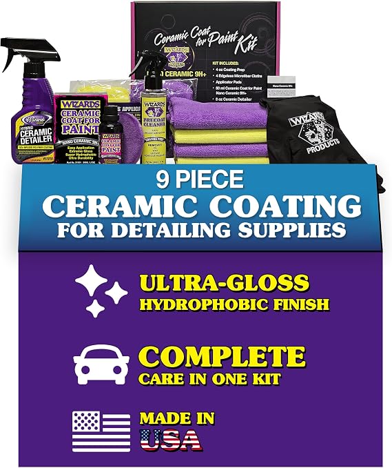 Wizards Ceramic Coat for Paint Kit - 9 Piece Ceramic Coating for Detailing Supplies - Provides High Gloss, Luster, Shine and Protection for Vehicles - Versatile Car Scratch Remover for Auto Detailing
