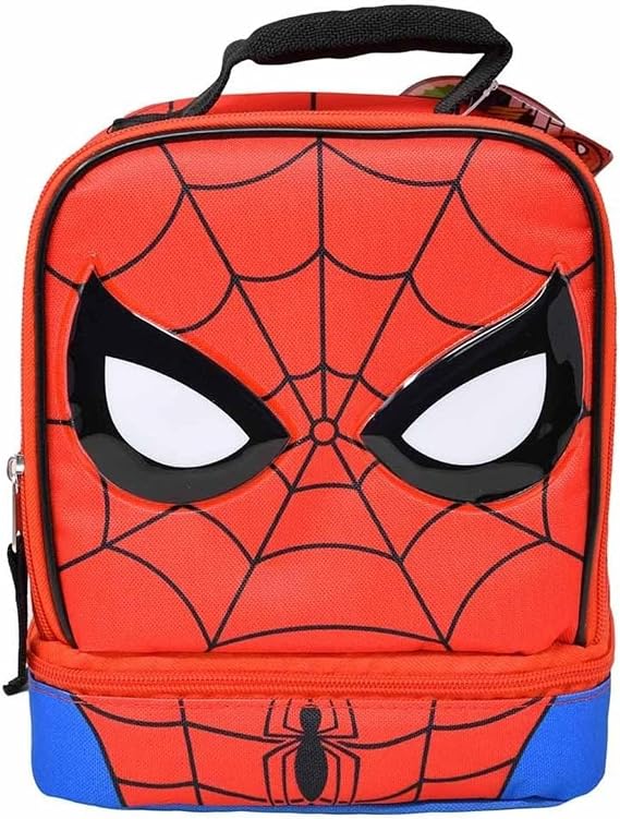 Bioworld Spiderman Drop Bottom Rectangle Lunch Bag, Red with Spider Web Design and Character Eyes