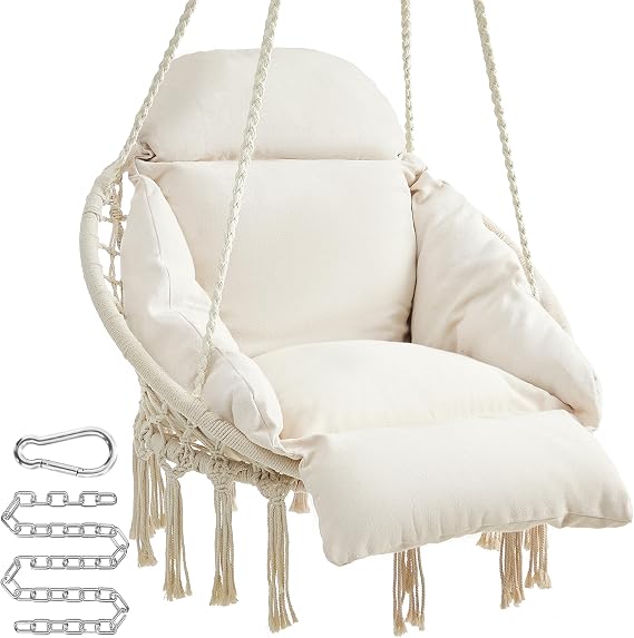 SONGMICS Hanging Chair, Boho Swing Chair with Large, Thick Cushion | Hammock Chair, Holds up to 264 lb, Accessories Included, Cream White, SOGNIA Collection, UGDC042M01V3