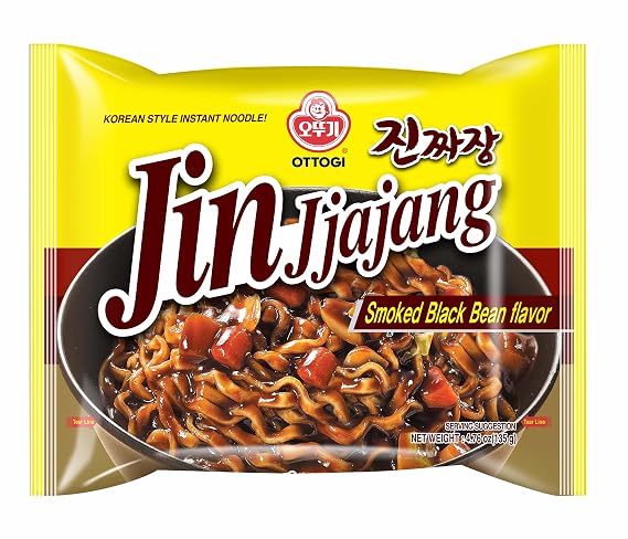 OTTOGI JIN Jjajang Korean Instant Noodles Black Bean Sauce Ramen, Chewy Noodles, 4.76 oz (Pack of 8)