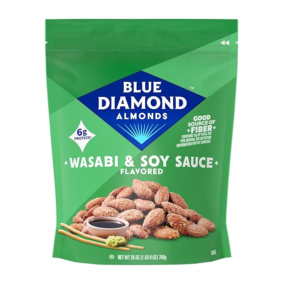 Blue Diamond Almonds, Bold Wasabi & Soy Sauce Flavored Snack Nuts, Bulk Bag, Pantry Staple, GMO-Free, Great for Parties, Lunch, Events, Holiday, and Healthy Snacking, 25 Oz Resealable Bag Pack of 1