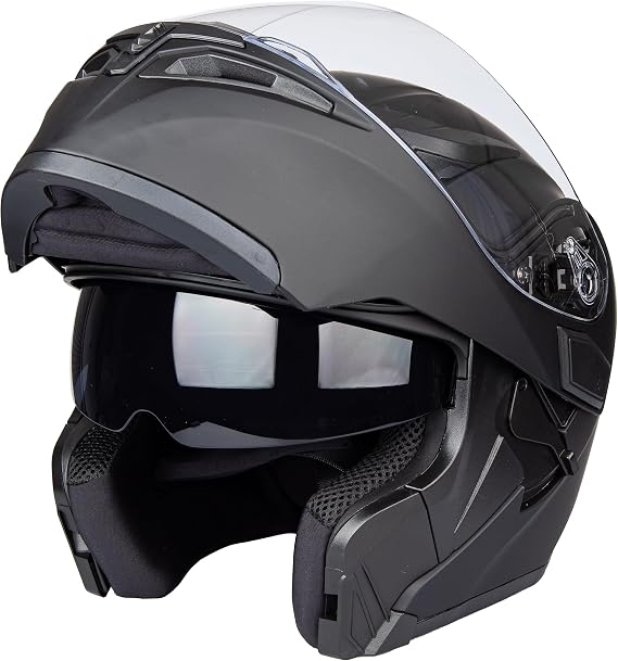 Flip-Up Motorcycle Helmet Dual Visor Sun Shield Flip up Modular Motocross DOT ECE Approved Helmets (X-Large, Matte Black)