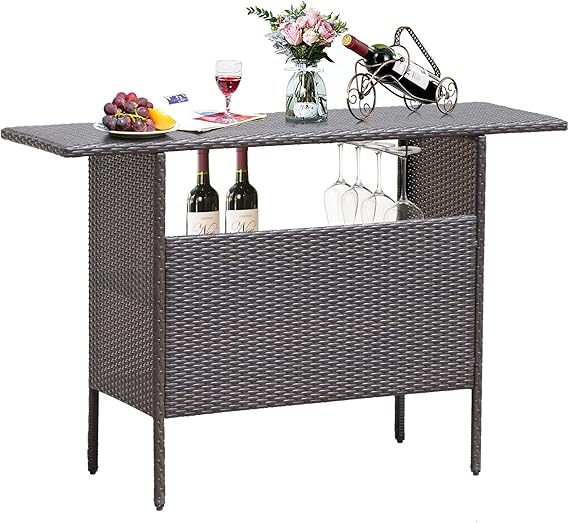 FANTASK Outdoor Wicker Bar, Paito Bar Table w/2 Storage Shelves, 2 Sets of Rails and Condole Cup Holders, Rattan Bar Counter Table for Backyard, Poolside, Garden