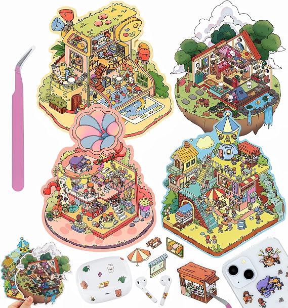 4 Sets DIY 3D House Stickers,Fun DIY Stickers Scene