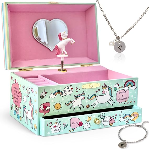 Musical Unicorn Jewelry Box for Girls - Glow in the Dark Kids Organizer Plays You Are My Sunshine with Necklace and Bracelet Set - Unicorn Gifts