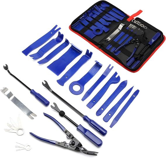 23 Pcs Trim Removal Tool Car Panel Dash Door Audio Trim Removal Tools Kit Nylon Stainless Steel Auto Clip Pliers Fastener Remover installer Repair Pry Tool Set with Storage Bag