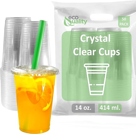 Clear Plastic Disposable Cups with Lids and Smoothie Straws 50 count - 14 oz (ounces) Clear PET Cup for Smoothies, Protein Shakes, Bubble Tea, Iced Coffee, Boba, Fresh Juice, Meal Prep, Party Cup
