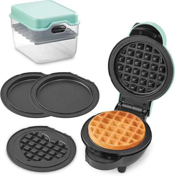 Dash MultiMaker Mini Maker System with Removable Plates and Storage Case - Three-in-One Mini Griddle and Waffle Maker for Tiny Meals and Big Smiles - Aqua, 5 Plates