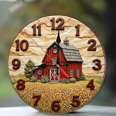 Rustic Red Barn Farmhouse Wall Clock 2D Relief Decor 10-Inch Wooden Wall Clock, Silent Movement, Artistic Home Decor, Perfect for Home Accents