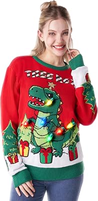 Giggling Getup Ugly Christmas Sweater with Light, LED Ugly Christmas Sweater for Women Men Kids 2025 DinosaurRed