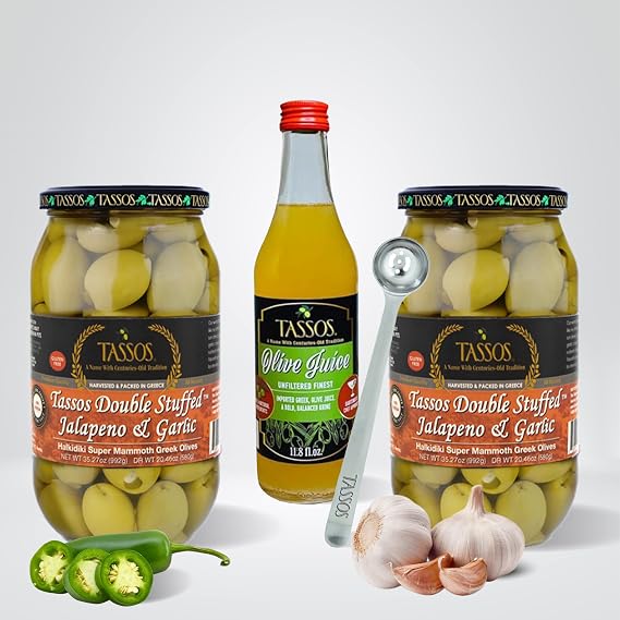 Tassos Olives Gift Set - 2/1Lt Jalapeno and Garlic Double Stuffed Olives - 11.8oz Olive Juice - 7" Stainless Olive Spoon - 4 Shoreline 4" Coasters