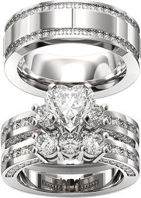 TWO RINGS Wedding Ring Sets His And Hers Promise Ring Couples Bridal Sets Women 925 Sterling Silver Heart Cut Moissanite Man Titanium Brushed Finished Wedding Band