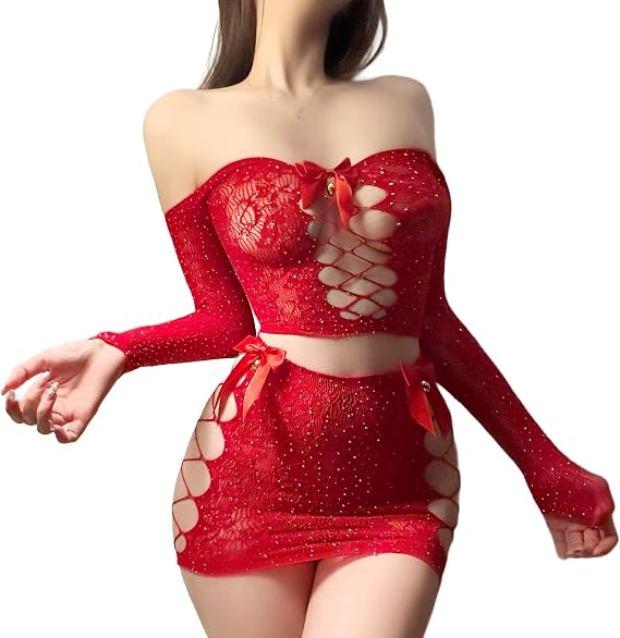 JasmyGirls Sexy Elf Costume Xmas Bow Lingerie for Women Red Christmas Fishnet Bodysuit Valentines Santa Naughty Cosplay Outfit