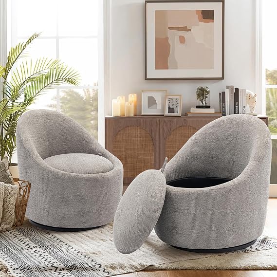 COLAMY Swivel Accent Chair Set of 2, 360 Swivel Round Chair with Hidden Storage, Modern Small Barrel Armchair for Living Room/Bedroom, LightGrey, Textile Material
