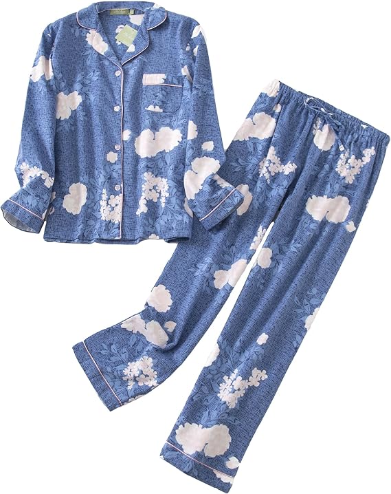 Womens Plus Size Cotton Pajama Set 2 Piece Button Down Shirt and Pant S-3XL