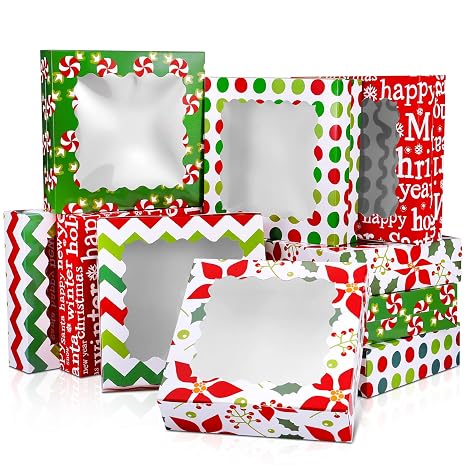 30 Pcs Christmas Cookie Boxes with Window 9 x 9 x 2.5 inch Xmas Treat Boxes Candy Bakery Cupcakes Desert Container for Pastries Packaging Christmas Party Supplies Gift Giving