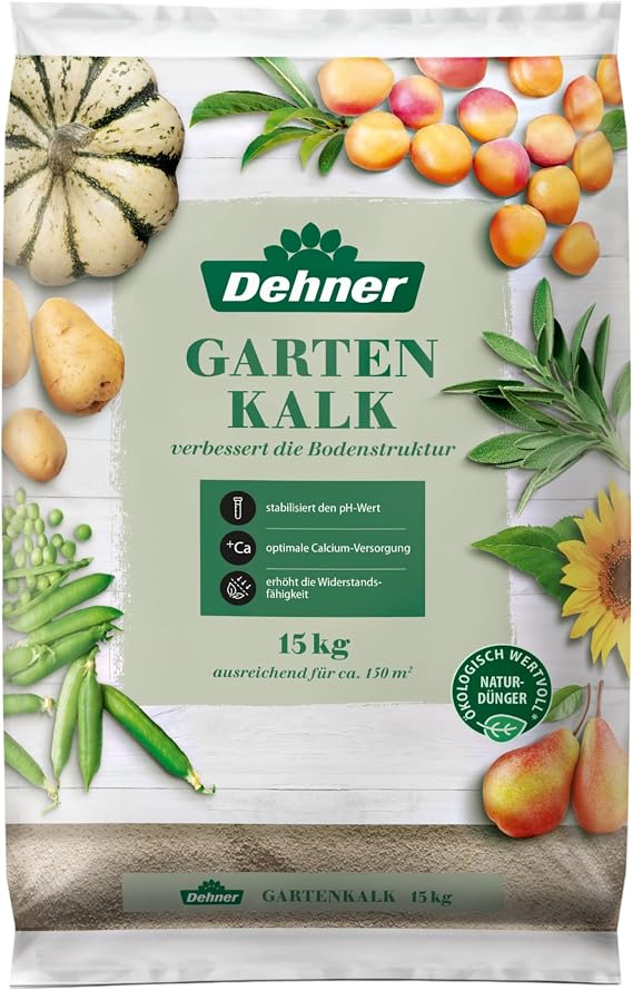 Dehner Garden Lime, High-Quality Fertiliser for Garden Plants, with Calcium Carbonate, Regulates Acidity, 15 kg, for Approx. 150 m², Colourful