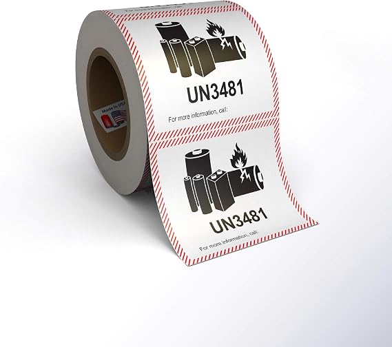 Lithium Ion Battery Label Stickers, Large 4.375" X 4.75" Adhesive Labels Made in The USA (UN3481, 500 Labels)