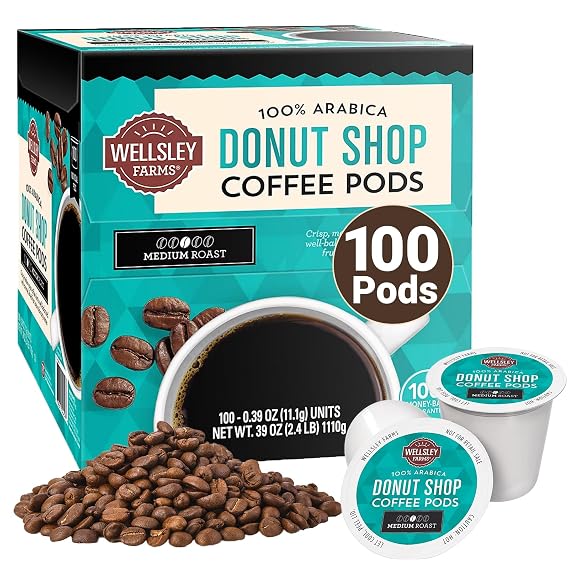 Wellsley Farms Donut Shop Pods | Medium Roast | 100% Arabica | Rich Caramel & Nutty Flavor | Recyclable Single-Serve Pods | Compatible with Single-Serve Brewers | 100 Count Coffee Box