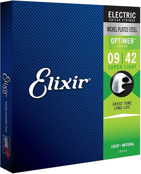 Elixir Electric Guitar Strings, 2 Sets + 1 Bonus Pack, OPTIWEB Super Light .009-.042#19002 BonusPack (2+1FREE)