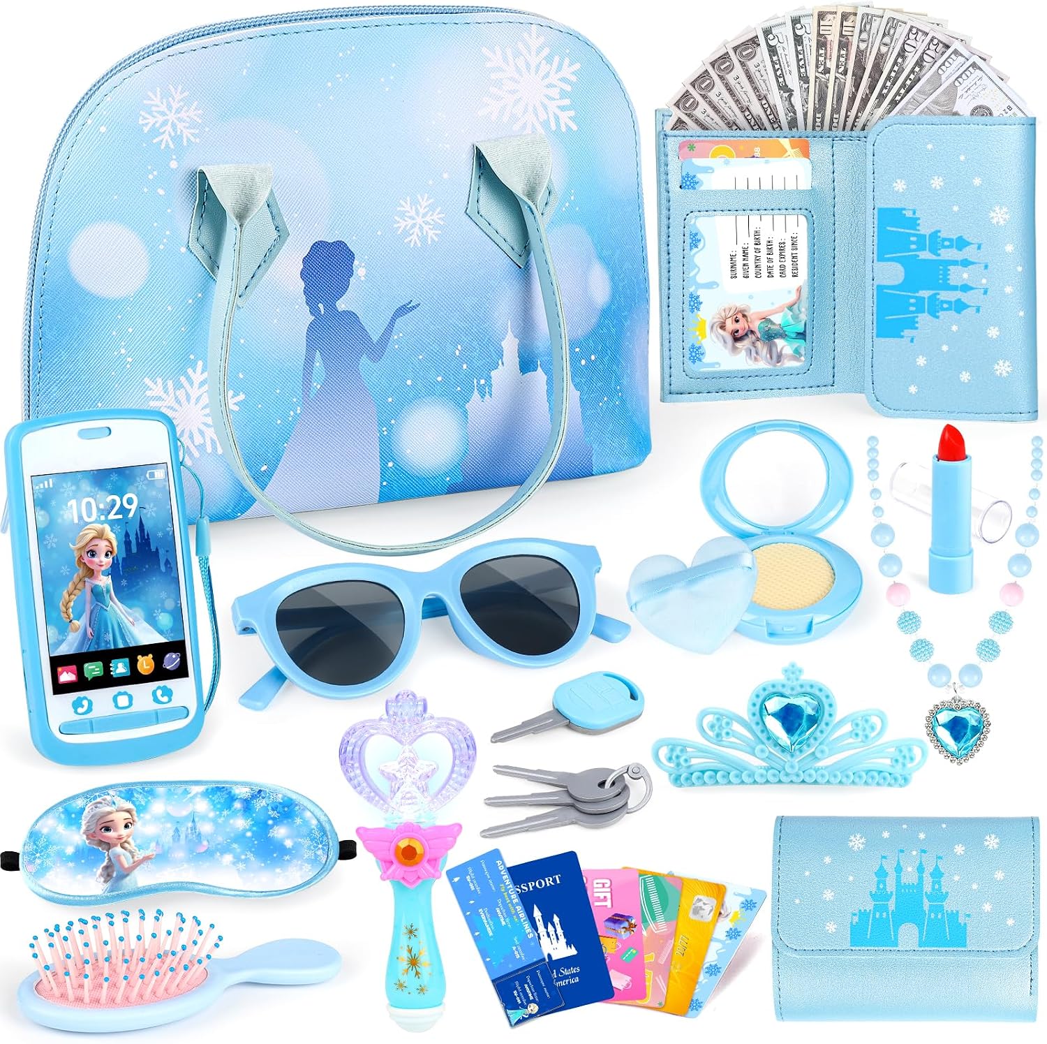 Kids Play Purse for Little Girls with Accessories, Handbag, Pretend Makeup Set, Wallet, Toy Phone, Play Jewelry Princess Toys Christmas Birthday Gifts for Girls 3 4 5 6 Year Old