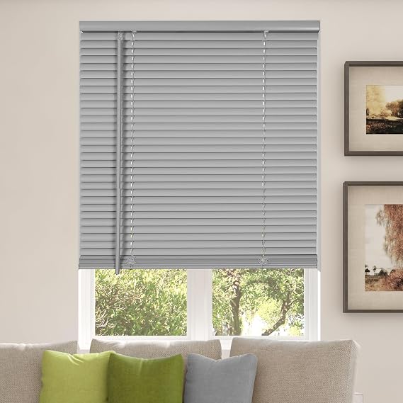 Calyx INTERIORS Room Darkening Vinyl Mini Blinds, Cordless, 1" Slat, 20" W x 60" H, Light Gray. Inside Mount in Windows 20.25 and Greater; Indoor Window Shades