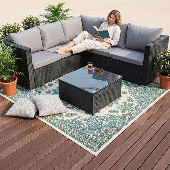 BIRCHTREE Outdoor Rattan Wicker Garden Furniture Set 5 Seater L-Shape Corner Sofa Glass Coffee Dining Table Patio With Cushion Pillow 3 Pieces RFS08 Black