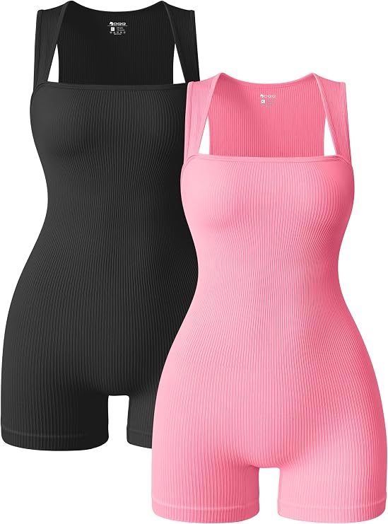 OQQ Women 2 Piece Rompers Yoga Stretch Strappy Square Neck Sleeveless Exercise Rompers Black Candypink, X-Large