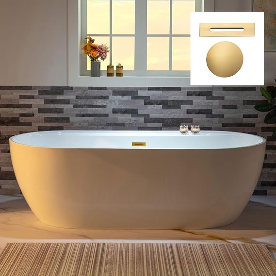 WOODBRIDGE 72" Acrylic Freestanding Bathtub Contemporary Soaking White Tub with Brushed Gold Overflow and Drain,B0059-BG