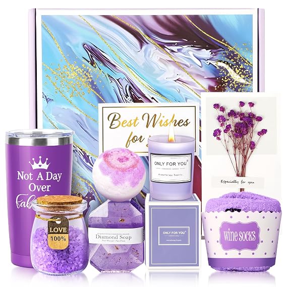 Birthday Gifts for Women Mom Wife Sister Girlfriend Her,Perfect Lavender Spa Gift Basket Set for Mothers Day Valentine's Day & Christmas | Premium Purple Happy Birthday Gift Box