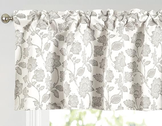 Valance for Windows Valance Floral Printed for Kitchen Living Room Thermal Insulated Energy Saving Window Curtain Valance for Living Kitchen Rod Pocket 52 by 18 Inch Beige