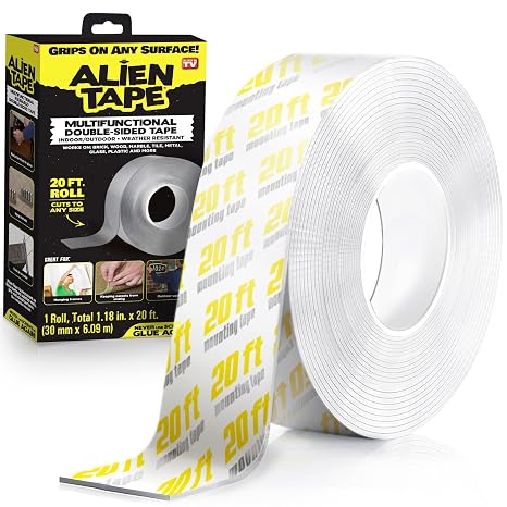 ALIEN TAPE Nano Double Sided Tape, 20ft Multipurpose Removable Adhesive Transparent, Grip Mounting, Washable Strong Sticky Heavy Duty for Carpet Photo Frame Poster Decor As Seen On TV (1 Roll)