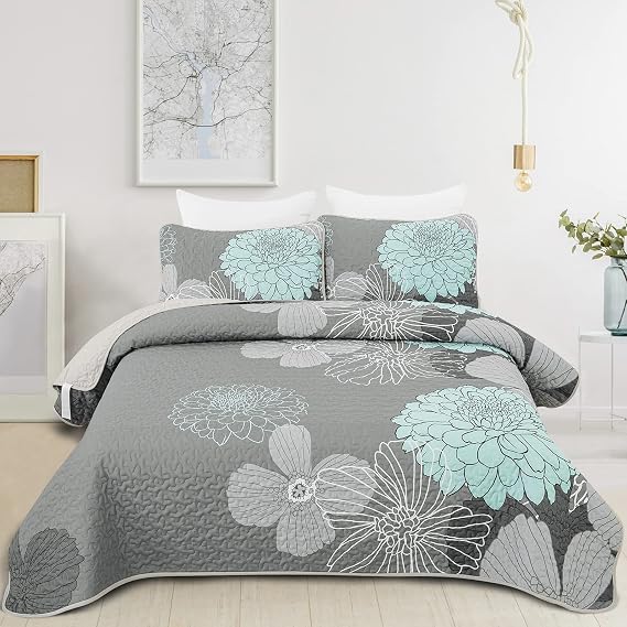 Anibedding Green Floral Twin Size Quilt Set Boho Flower Bedding Set 68"x86"